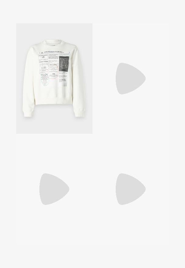 White sweatshirt featuring a graphic print with text and circles. Ribbed crew neck and cuffs. Relaxed fit with cropped design.; Knit white midi skirt featuring a textured pattern with vertical lines and cut-out details near the hem. Elastic waistband. Soft material.; Black leather ballet flat with a rounded toe, smooth texture, minimal stitching detail, and a flexible sole design.; Brown leather handbag with a flap closure, gold-tone hardware, a shoulder strap, and a smooth texture. Compact rectangular shape.