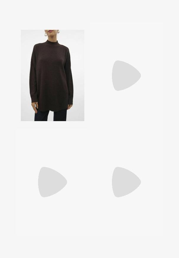 Textured, oversized, dark brown knit sweater with a high neckline, drop shoulders, and ribbed cuffs. Ends in a slight curve at the hem.; Black denim wide-leg jeans featuring five pockets, metal button and zipper closure, and contrasting yellow stitching along the seams.; Black leather sneaker with white three-stripe design, rounded toe, flat white rubber sole, and branded detail on the side.; Mango Tote bag - dark brown