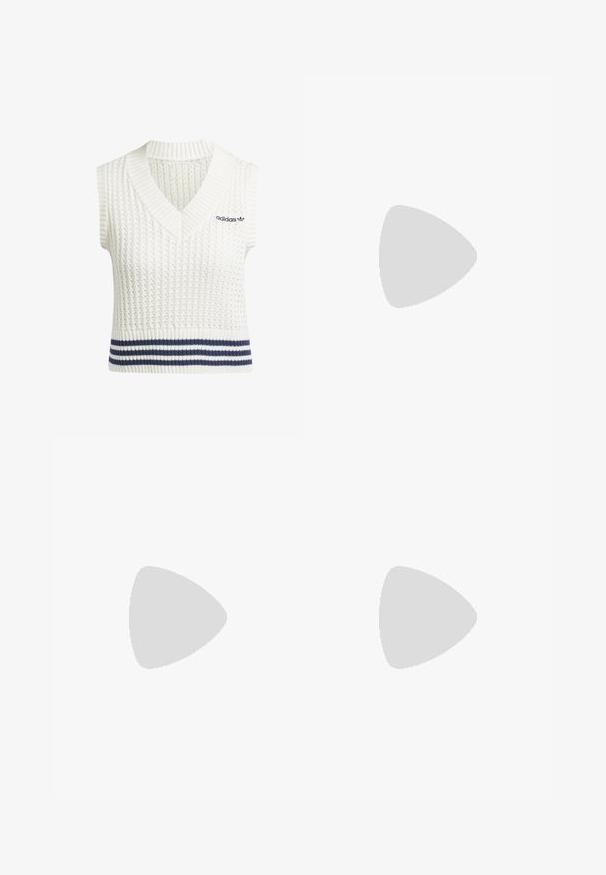 Hvit ermeløs strikket vest med V-hals, med et teksturert mønster og marineblå striper nederst. Adidas-logo på venstre bryst.; Vide benbukser i skinnende grå materiale, med hvide sidestriber og et flammemønster på de nederste ben. Knap- og lynlåslukning i taljen.; Lys blå semsket sneakers med hvite tre striper, gummisåle og teksturert mesh. Har en jevn tåhette og merkevare på hælen.; Svarte rektangulære solbriller med mørke linser. Tykk plastisk ramme, glatt tekstur og avrundede kanter. Stilige stenger strekker seg utover.