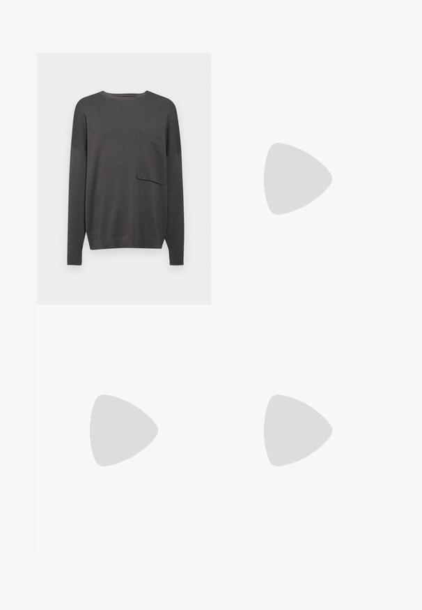 Charcoal gray long-sleeve knit sweater with a crew neck and a single chest pocket. Soft texture with a relaxed fit and ribbed cuffs.; Wide-leg jeans in dark grey denim, featuring a high waist, classic five-pocket design, and contrasting stitching along the seams.; Brown suede loafers with a rounded toe and a low black rubber sole, featuring a decorative strap and stitching details on the upper.; Brown leather laptop bag with a textured surface, dual top handles, adjustable strap, and two front buckles for added detail.