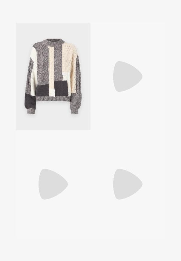 Gray and cream patchwork sweater featuring various cable knit textures, round neckline, and ribbed cuffs and hem.; Light blue high-waist wide-leg jeans with front button and zip closure, front and back pockets, on a white background.; Navy blue sneaker with a textured fabric upper, white platform sole, rounded toe, and black heel accent. Features six eyelets for laces.; Brown leather crossbody bag with a curved shape, gold hardware, and a buckle accent. Features a detachable shoulder strap.