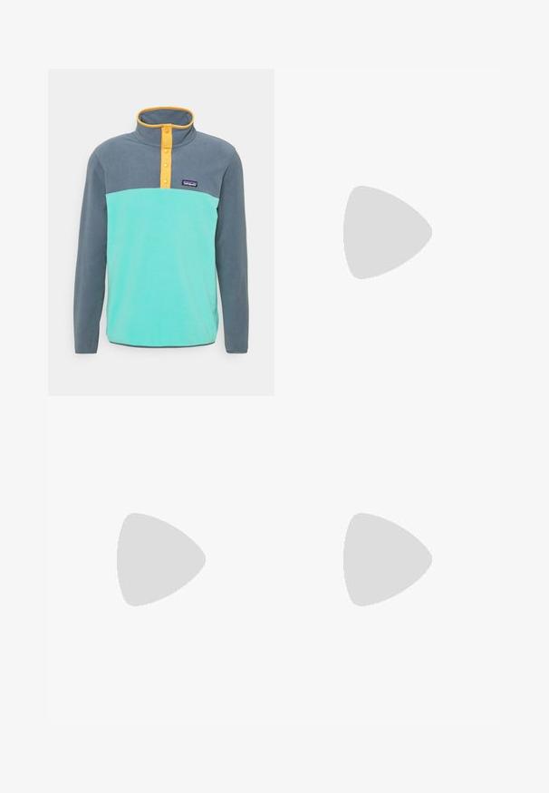Patagonia MICRO SNAP - Camisola de lã polar - fresh teal; T-shirt de mangas longas cinza claro, feito de um tecido suave e texturizado. Apresenta um decote redondo e um pequeno logotipo azul da Patagonia no peito.; Calças de atletismo pretas com cordão na cintura, bolsos laterais, tecido ligeiramente amarrotado e um pequeno logótipo visível na coxa direita.; Sapatilha de corrida preta com parte superior em sintético, design texturizado e detalhes em vermelho contrastante. Apresenta um sistema de atilho seguro e sola robusta.