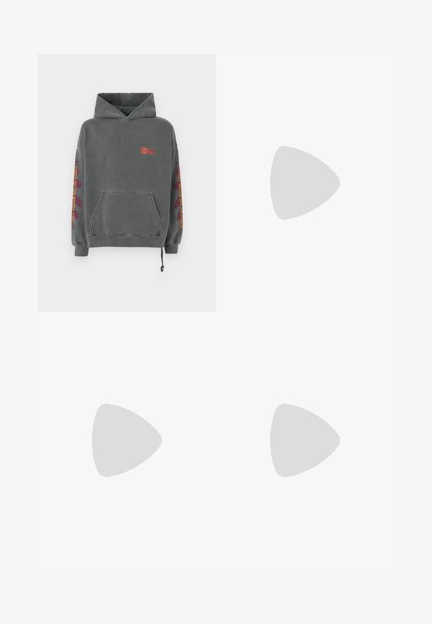 Gray hooded sweatshirt with a front pocket, featuring a red embroidered logo on the chest and bold, colorful graphics on the sleeves.; Filippa K TERRY CROPPED TROUSERS - Trousers - sage melange; White leather sneaker with a smooth finish, round toe, flat laces, and a textured sole. Features a subtle logo on the heel.; Black round sunglasses with dark lenses and slim metal arms. Includes clear temple tips and silver accents at the hinge. Minimalist design.