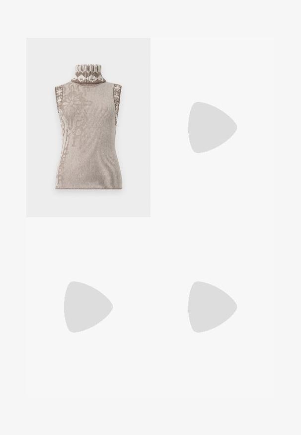 Maglione senza maniche a collo alto in maglia ribattuta color crema e marrone. Presenta intricate trame geometriche vicino al colletto. Tessuto morbido e con texture.; Pantaloni neri realizzati in tessuto morbido, caratterizzati da vita alta, gambe larghe, pince frontali e classiche passanti per cintura. Non ci sono tasche laterali visibili.; Slingback con tacco in vernice nera con punta affusolata, caratterizzato da una stampa a serpente testurizzata, cinturino regolabile e un tacco corto e testurizzato.; Borsa a tracolla nera in pelle con due tasche frontali, fibbie dorate, chiusura con zip e una tracolla sottile. Superficie texturizzata e forma rettangolare compatta.