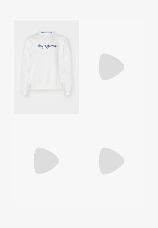 Sudadera blanca de algodón, con un logotipo bordado en azul de "Pepe Jeans", escote redondo y mangas largas con puños acanalados.; Paquete de cinco camisetas de cuello redondo negras. Mangas cortas, material de algodón, ajuste estándar. Textura suave sin patrones ni adornos visibles.; Jeans de mezclilla negra de pierna ancha con cintura alta, que cuentan con bolsillos delanteros, cremallera y cierre de botón. Textura suave y diseño clásico.; Zapatilla negra de cuero con superficie texturizada, logo de Nike en blanco, suela gris, puntera redonda y diseño de encaje. Presenta perforaciones en la puntera.