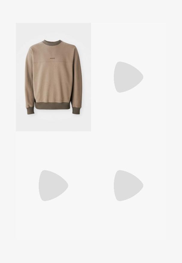 Beige crewneck sweatshirt with ribbed collar, cuffs, and hem, featuring subtle "BOSS" logo embroidered on the chest.; White cotton T-shirt with short sleeves, featuring a black "BOSS" logo centered on the chest and a round neck design.; Beige cotton trousers with a straight-leg cut, featuring a button closure and pleats at the front for added detail.; White leather sneaker with beige suede accents, featuring a round toe, lace-up front, and tan rubber sole, displaying the brand name "BOSS."
