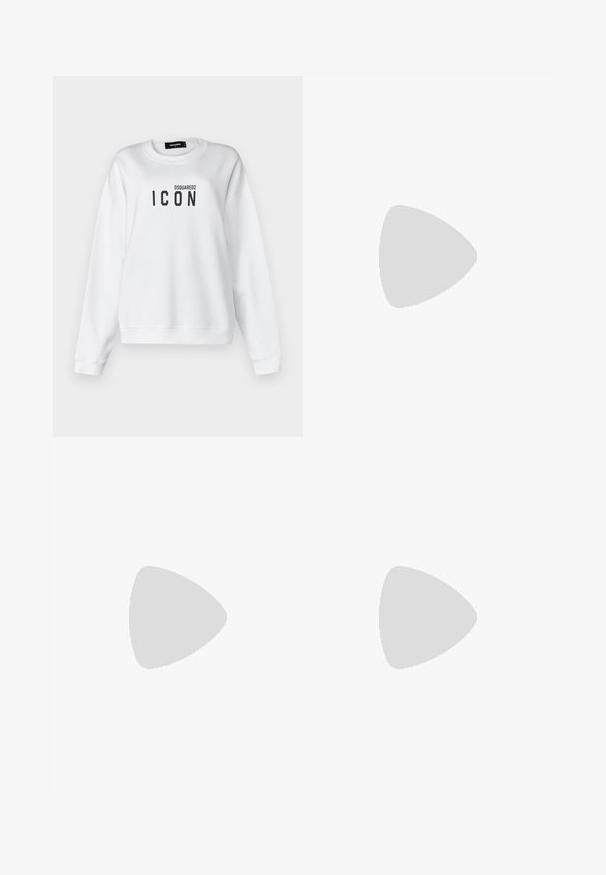 Witte sweatshirt van een katoenmix met een ronde halslijn, verlaagde schouders en een zwart "ICON" logo op de voorkant. Strak ontwerp.; Donkerblauwe flared jeans van denim. Heeft een hoge taille, vijf zakken en contrasterende stiknaden. Soepele textuur en schone afwerking.; Zwarte leren ballerina met een ronde neus, gladde textuur, minimale stikdetails en een flexibele zoolontwerp.; Bruine leren handtas met een klep sluiting, gouden hardware, een schouderband en een gladde textuur. Compact rechthoekige vorm.