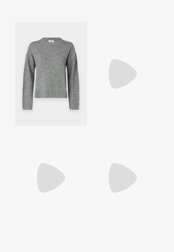 JDY JDYBIGUM O-NECK - Džemperis - medium grey; Šviesiai pilki platūs keliai, pagaminti iš sklandžios medžiagos, su pritaikytu liemeniu, priekinėmis klostėmis ir šoninėmis kišenėmis.; Metalizuoti sidabriniai sportbačiai su baltais raišteliais ir trimis baltais dryžiais, derinami su juodais dryžuotais kelnėmis. Gumos padas apatinėje dalyje.; Juodos katės akies akinių nuo saulės su matinio paviršiaus danga, turinčiais pilkai tonuotus lęšius, aštriomis linijomis ir elegantiškomis šoninėmis kojelėmis. Prekės ženklas matomas vidinėje kojelėje.; Juodas odinis peties krepšys su lygiu paviršiumi ir reguliuojama dirželiu, derinamas su nublukusiais plačiapurčiais džinsais ir sportiniais batais.