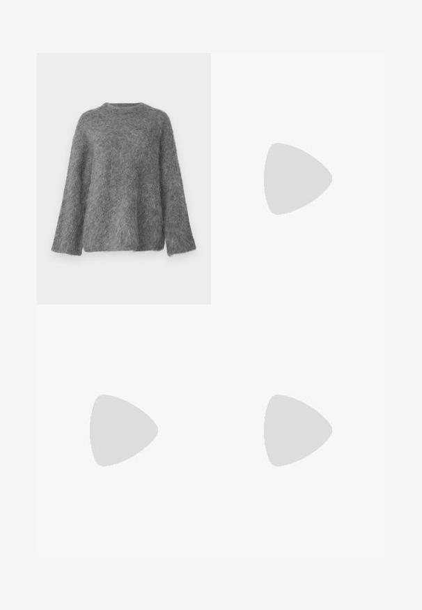 Gina Tricot BLEND SWEATER - Jumper - mid grey; Light blue wide-leg jeans with shiny accents, featuring a high waist, button closure, and visible stitching. Smooth denim texture.; Red leather flat shoe with a pointed toe, featuring a side strap with a metal buckle and a low black heel. Smooth texture throughout.; Woman with long dark hair wearing a black suit, carrying a black leather shoulder bag, looking over her shoulder against a white background.; Silver hoop earrings with a twisted design, featuring a polished finish and post-back closure. Measure approximately 3 cm in diameter.