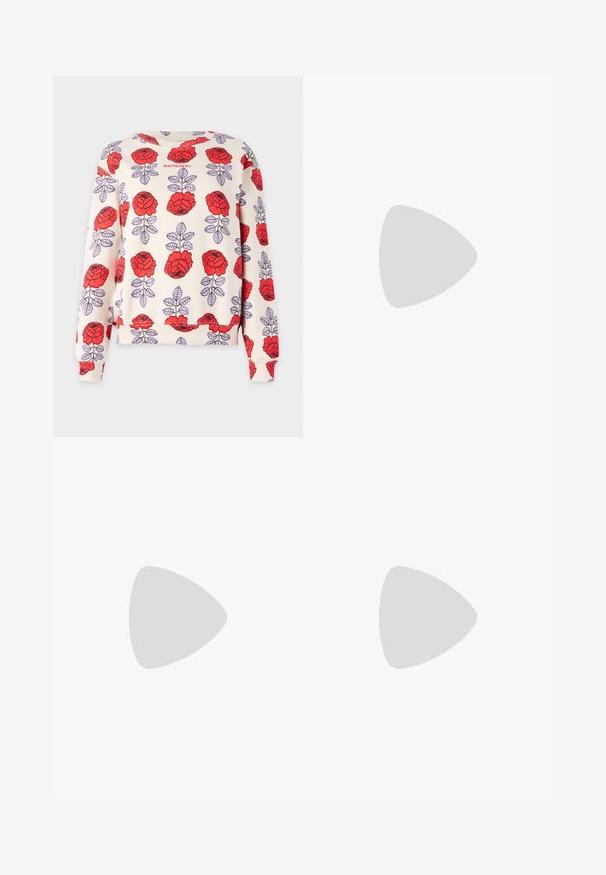 Sweatshirt made of soft fabric, featuring a cream base with red flowers and purple leaves in a repeating pattern. Crew neck and elastic cuffs.; Black trousers with a straight fit, featuring double pleats, a smooth texture, and a classic waistband design. No visible hardware or accents.; Black leather ankle boot with pointed toe, slim mid-height heel, and silver buckle detail on side against plain background.; Black leather drawstring bag with a smooth texture, gathered top, and subtle gold hardware. Features a single sturdy strap and embossed logo.