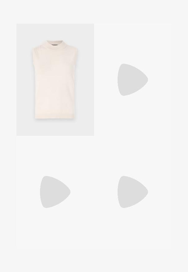 Sleeveless cream-colored knit top with a high collar and ribbed hem. Soft texture and fitted design, suitable for layering or standalone wear.; Black tailored trousers with a straight, wide-leg design, featuring a smooth texture and a flat front with belt loops.; Black leather high heel shoe with a pointed toe and a round, balled heel. Smooth texture with a sleek, minimal design.; Black leather clutch with gathered texture, silver-tone metal frame, kiss-lock closure, and chain strap. Smooth, soft surface.