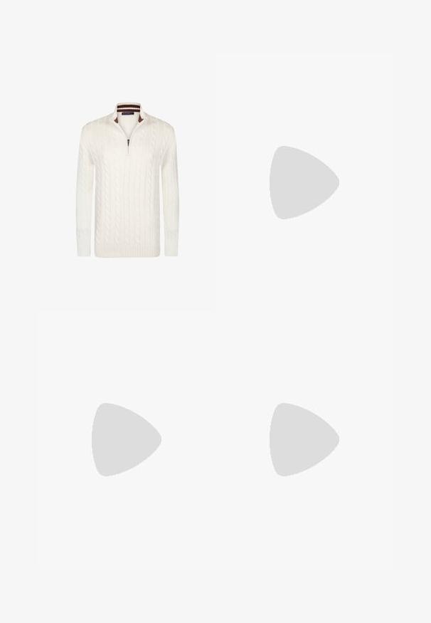 Kabelstrikket cremet sweater med lynlåsekrave, der har ribbede manchetter og kant. Blød tekstur og jævnt strikket mønster.; Ung person med fletninger iført en lys grå Nike T-shirt og sorte Nike shorts mod en ensfarvet hvid baggrund.; Beige cargo bukser i et letvægts bomuldsstof. Har elastiske manchetter, flere sidelommer og en knaplukning.; Hvide lædersneakers med perforeringer, rund tå, flad sål og tykke snørebånd, med et synligt swoosh-logo og "AIR" på hælen.