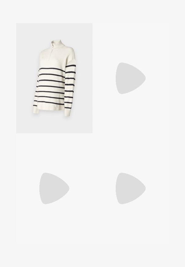 Maglione crema con strisce orizzontali nere, colletto con zip, texture a costine e vestibilità rilassata. Maniche lunghe con design a spalla abbassata.; Leggings a zampa d'elefante con stampa leopardata e vita alta. Realizzati in tessuto elasticizzato, presentano una base beige con motivi maculati neri.; Sneakers crema con strisce azzurre chiaro, suola in gomma e decorazioni di fiori gialli sulla parte superiore. Design a punta arrotondata.; Borsa tote nera intrecciata con due manici robusti, caratterizzata da una texture lucida e un ampio design a apertura aperta.
