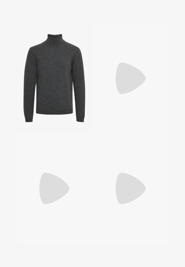 Maglione a collo alto grigio scuro realizzato in morbido materiale a maglia; presenta maniche lunghe e un colletto a costine con una consistenza liscia su tutta la superficie.; Jeans in denim blu con una vestibilità a gamba dritta, dotati di cinque tasche, chiusura con bottone in metallo e cuciture visibili sulle cuciture.; Stivale alla caviglia in pelle nera con texture liscia, pannelli laterali elastici e una linguetta per il tallone. Punta rotonda e suola piatta in gomma con minimo battistrada.; Occhiali da sole in plastica nera con lenti verdi, montatura quadrata, dettaglio argento sulla parte superiore e steli con texture. Marchio indicato sulla parte interna dello stelo.