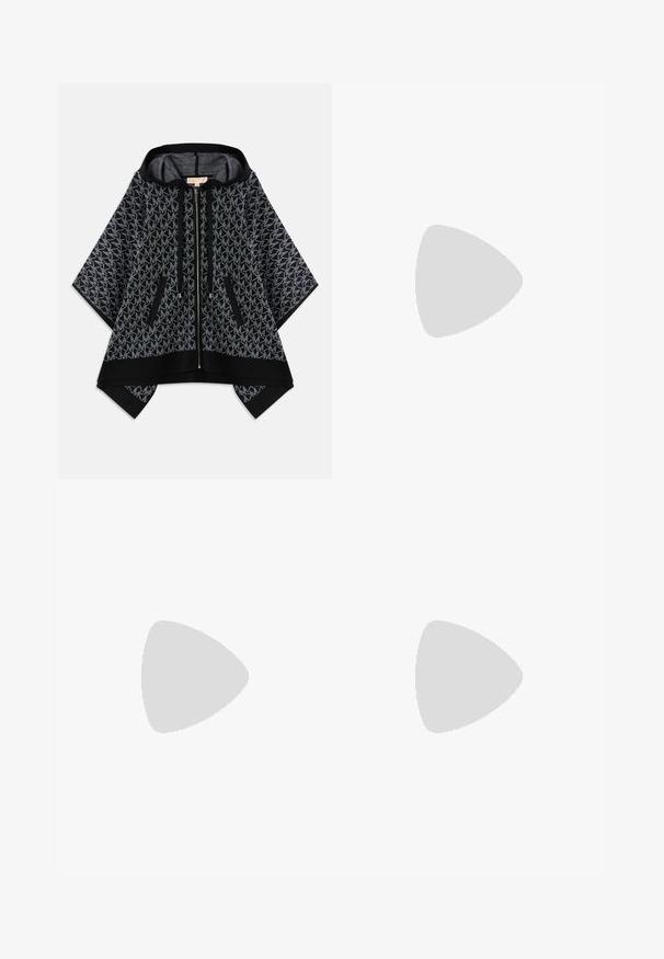 Black hooded poncho with a textured gray pattern featuring a repeating logo. Two zippered pockets and a front zipper closure. Soft fabric.; Black cropped tank top featuring a repeated white MK logo pattern, round neckline, and wide shoulder straps. Smooth texture.; Black leather wide-leg pants with an elastic waistband, drawstring, and gold hardware accents. Smooth texture and loose fit.; Black leather ankle boot with a pointed toe, gold metallic cap, and a slender high heel. Smooth texture with a minimal design.; Black leather handbag with a curved design, featuring silver studs, a buckle, and two side pockets. Adjustable strap for carrying options.