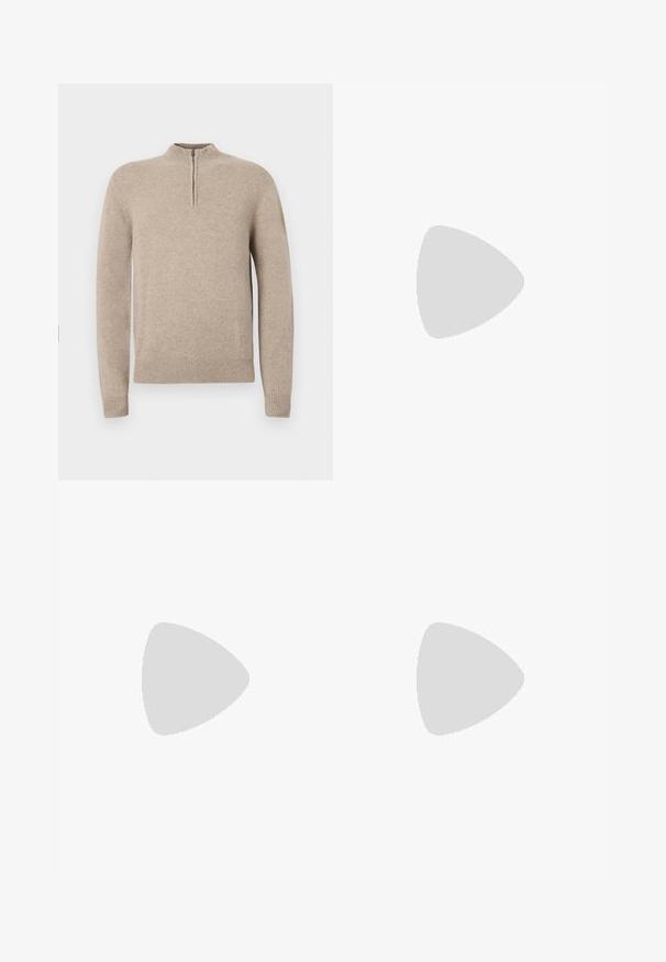 Beige knit pullover with a half-zip collar, ribbed cuffs, and hem. Smooth texture with a fitted silhouette.; White cotton t-shirt with short sleeves, round crew neckline, and a relaxed fit. Features minimalistic design, no patterns or accents.; Beige cotton trousers with a straight-leg design, front button closure, and belt loops. Smooth texture, no visible patterns or accents.; White sneaker with a smooth leather upper and a low profile. Features a rounded toe, six eyelets, and a textured rubber sole.