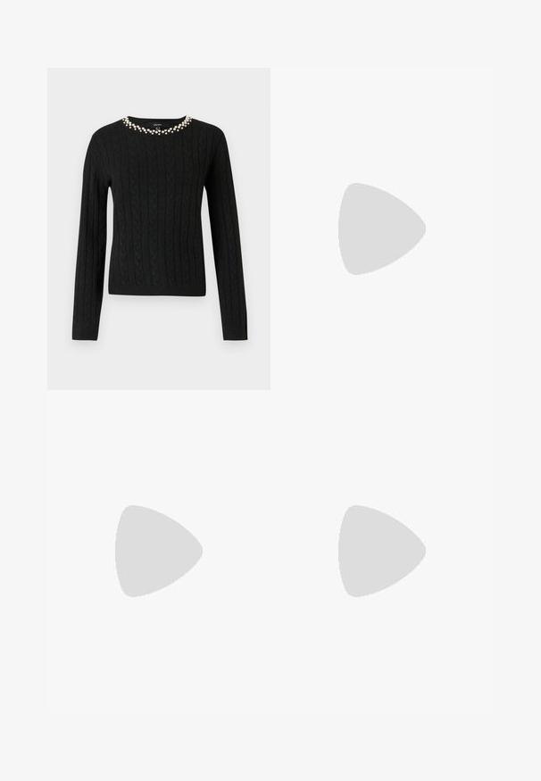 Black cable-knit sweater with long sleeves and a round neckline adorned with a row of faux pearls along the collar.; Wide-leg trousers in dark gray fabric, featuring a high waist, single pleats, and a smooth texture with a clean finish at the hems.; Black leather slingback heels with a pointed toe, small kitten heel, and a decorative knot detail on the front. Smooth texture throughout.; Black faux leather handbag with a crocodile texture, cinched top, and a scrunched strap. Appears soft and compact in design.
