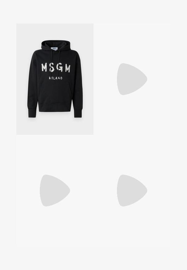 Black hoodie with white MSGM Milano logo on front, featuring a front pocket and drawstring hood.; Black denim jeans with a straight fit. Features faded areas, minor distressing, classic five-pocket design, and a button closure.; White leather sneaker with a smooth finish, round toe, flat laces, and a textured sole. Features a subtle logo on the heel.; Black round sunglasses with dark lenses and slim metal arms. Includes clear temple tips and silver accents at the hinge. Minimalist design.