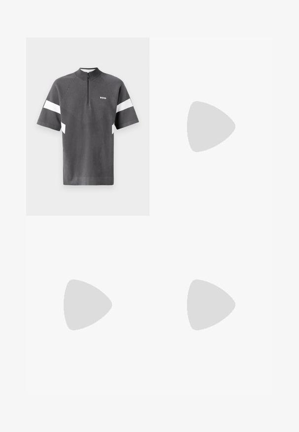 Graues Sporthemd mit kurzen Ärmeln, Reißverschlusskragen und weißen Akzentstreifen. Verfügt über ein strukturiertes Muster auf der Vorderseite mit "BOSS"-Logo.; Dunkelblaue Denim-Jeans mit schlankem Schnitt, die Farbkleckse, sichtbare Nähte und ein klassisches fünf-Taschen-Design aufweisen. Gerader Beinansatz.; Weiße Ledersneaker mit glatter Oberfläche, runder Zehenpartie, flachen Schnürsenkeln und strukturiertem Sohlenprofil. Mit einem dezenten Logo an der Ferse.; Schwarze runde Sonnenbrille mit dunklen Gläsern und schlanken Metallbügeln. Enthält klare Tempelspitzen und silberne Akzente am Scharnier. Minimalistisches Design.
