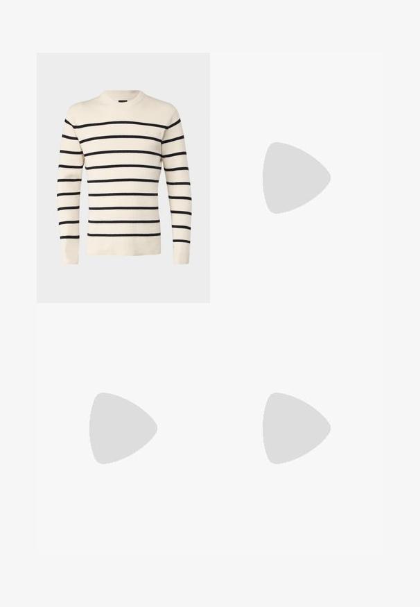 Only & Sons ONSPHIL CREW - Pulover - antique white; Modri kavbojki s ravnim krojem, ki imajo zbledel videz, zanko za pas, sprednja žepa in eno zadnje žep.; Bele usnjene športne copate z gladkim zaključkom, okroglo konico, ravnimi vezalkami in teksturiranim podplatom. Sivi semiš detajl na peti.; Črne pravokotne sončna očala z temnimi lečami. Sijajna okvir, ravne ročice s kančkom ukrivljenosti. Minimalističen dizajn, brez okraskov.