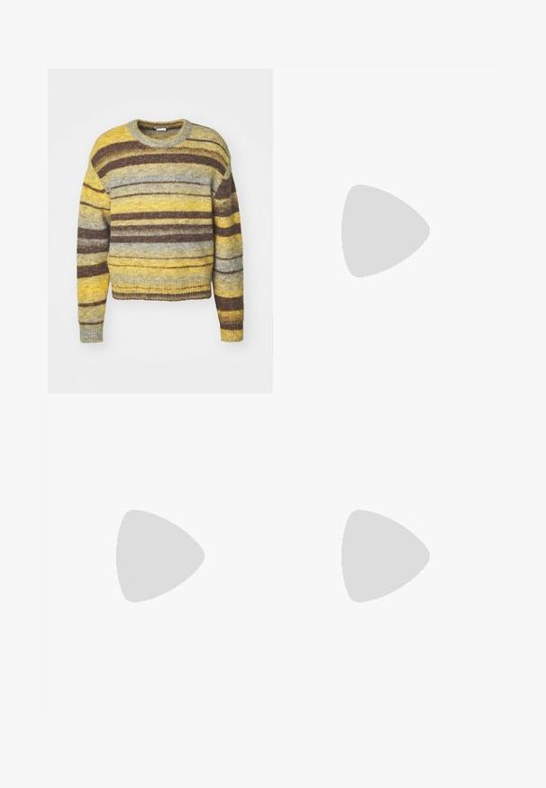 Striped sweater with a round neckline, featuring shades of yellow, gray, and brown. Made from textured knit fabric, with long sleeves.; Button-up shirt with long sleeves, vertical and horizontal navy and burgundy check pattern, collared neckline, and two front buttons.; Black pinstriped wide-leg trousers with pleats, featuring a tailored design and a soft texture. No visible hardware or accents.; Black leather loafer with a tasseled accent, featuring a chunky black sole and yellow stitching along the edge. Textured finish.