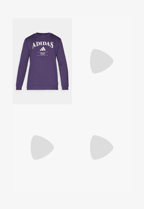 Lila hosszú ujjú pulóver, kerek nyakkal és fehér Adidas logóval. Jellemzője a "TENNIS CLUB" felirat és a klasszikus szabás. Pamutkeverék anyag.; Fehér pamut pólók, rövid ujjúak, kerek nyak kialakítással, sima textúrával, sorba rakva, diszkrét logóval a nyaknál.; Sötétkék melegítőnadrág, rugalmas derékkal. Arany Adidas logóval és fehér szövegmintákkal rendelkezik, puha anyagból készült. Állítható mandzsettagombokkal.; Fehér bőr sportcipő szürke velúr orral, három vízszintes fehér csíkkal, kék akcentussal és barna gumitalppal. A talpon textúrázott részlet található.