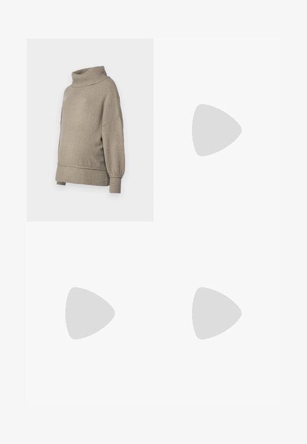 Pull en tricot gris clair avec un col côtelé haut et des poignets côtelés. Coupe ample avec une texture douce, présentant des coutures d'épaule descendues.; ONLY MATERNITY OLMHALLE - Pantalon classique - black; Baskets blanches en matériau synthétique lisse, avec un bout arrondi, un design à lacets, une semelle plate et des détails perforés discrets.; Sac fourre-tout en suède brun avec une texture douce, présentant une seule bandoulière et une ouverture supérieure légèrement courbée. Aucun détail de matériel visible.