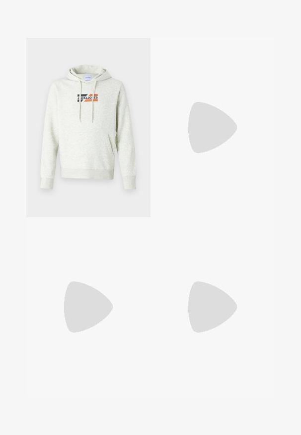 Lys grå hættetrøje med en frontlomme, snoretræk på hætten og trykt "JACK & JONES" logo med sorte, orange og røde accenter.; To stykker crew-neck t-shirts i sort og olivengrøn, lavet af blødt bomuldsstof. Designet er enkelt med korte ærmer og lige skæring.; Sorte træningsbukser lavet af tekstureret stof, med justerbar talje, lynlåslomme på siden og tapered cuffs.; Hvide lædersneakers med en tyk cremegul sål, marineblå hæl akcent og logoside. Glat tekstur, minimalistisk design med snørebåndslukning.