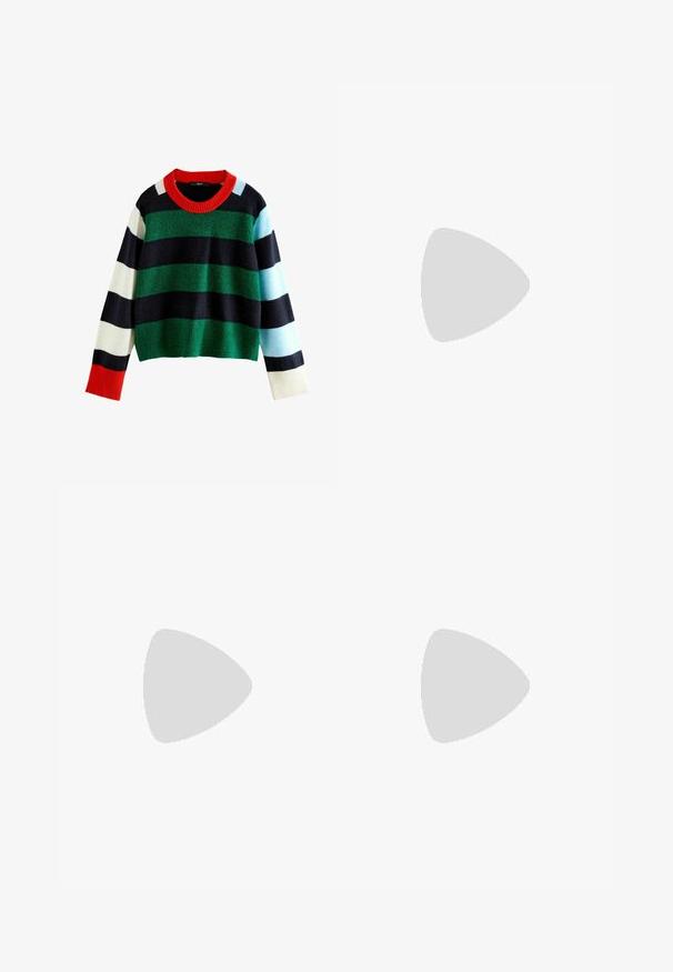Multicolored striped sweater featuring green, navy, white, light blue, and red hues. Wide ribbed red collar and soft texture. Cropped design.; Navy blue wide-leg pants in textured fabric with a high waistband and flared hem, featuring a smooth, flowing silhouette.; Lightweight, multi-material running shoe with a gray and white upper, textured mesh, cushioned sole, and distinct lacing detailing.; Red leather hobo bag with a wide, slouchy design and a large opening, featuring a subtle texture and a logo embossed on the front.