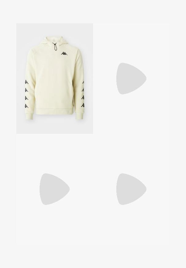 Sudadera Kappa de color crema con bolsillo frontal, logo negro en el pecho y múltiples logos a lo largo de ambas mangas, con cordón ajustable en la capucha.; Camiseta deportiva de manga corta negra, hecha de una tela ligera. Cuenta con un cuello redondo y un logo impreso de "HYROX" con un emblema de Puma en la parte frontal.; Pantalones cortos deportivos grises hechos de un tejido ligero. Cuentan con una cinturilla elástica, bolsillos laterales y textura suave. Sin patrones visibles.; Vista lateral de una zapatilla blanca y gris claro con un diseño abstracto ondulado y suela gruesa sobre un fondo blanco liso.