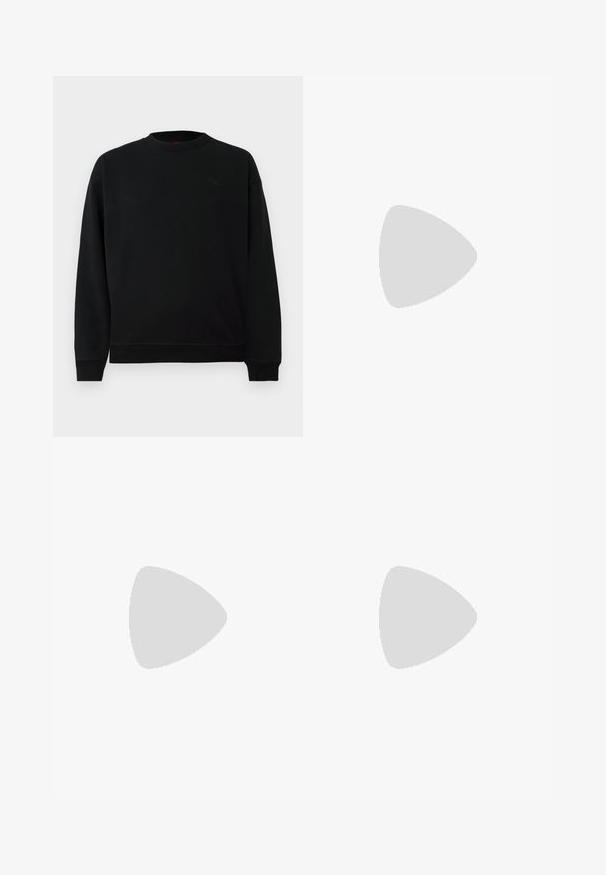 Sweatshirt noir en tissu doux, avec un col rond, des poignets côtelés et un petit emblème sur la poitrine. Design simple et sans embellissement.; Jean en denim noir avec une coupe droite, comportant des poches avant et arrière, un délavage léger et une fermeture à bouton en métal.; Baskets de course noires avec une tige texturée comportant des rayures grises. Semelle épaisse pour un bon amorti, bout rond et lacets plats pour un maintien sécurisé.; Sac banane en imprimé tie-dye bleu marine avec un dessus zippé, en matériau texturé et un logo en évidence sur le devant.