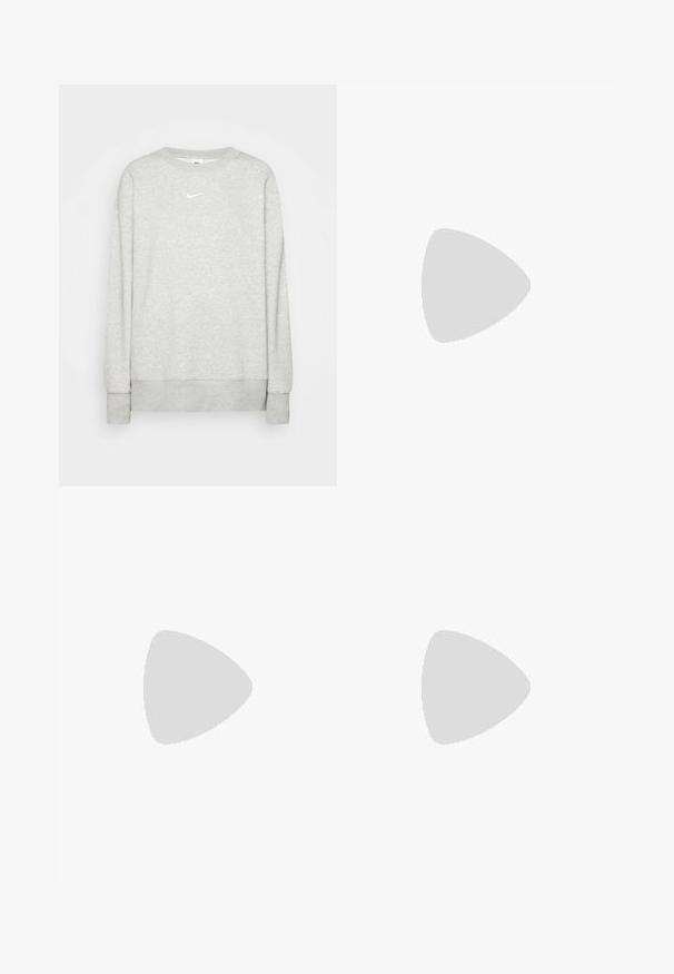Light gray crewneck sweatshirt made of soft fabric, featuring a small white Nike logo on the chest and ribbed cuffs and hem.; Black wide-leg pants made of lightweight fabric, featuring a navy blue side panel and an elastic waistband. Small white logo on bottom.; Black Nike sneakers with white accents, featuring a smooth leather texture, lace-up design, and rounded toe, positioned on a glass chair.; Black patent leather handbag with a curved shape, one shoulder strap, front pockets, and silver-tone hardware accents.