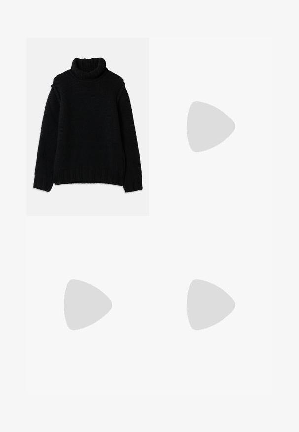 Μαύρο πλεκτό πουλόβερ με ψηλό καστόρι, που διαθέτει υφασμένη υφή, ραμμένες μανσέτες και στρίφωμα. Χαλαρή εφαρμογή με κατεβασμένα ώμια.; Τζιν σε ανοιχ�τό πράσινο με φθορές, με ευθεία γραμμή, πέντε τσέπες και άνισους τόνους ξεθωριάσματος με σταγόνες χρώματος.; Μαύρο δερμάτινο παπούτσι με λείο φινίρισμα, στρογγυλή μύτη, πέντε τρύπες για κορδόνια και χαμηλό τετράγωνο τακούνι. Μινιμαλιστικός σχεδιασμός με διακριτές ραφές.; Μαύρη καμβά τσάντα tote με μαύρους δερμάτινους ιμάντες. Απλός σχεδιασμός, ευρύχωρο σώμα και λεία υφή. Χωρίς ορατά λογότυπα ή σχέδια.