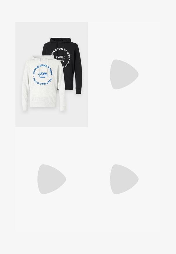 Due felpe: una grigia con testo grafico blu, l'altra nera con testo grafico bianco. Entrambe presentano cordini e polsini a coste. Materiale misto cotone.; Shorts cargo in denim blu con vita alta, multiple tasche cargo sui lati e un classico design a cinque tasche. Texture stonewashed.; Sneaker nere basse con strisce bianche, lacci neri, suola nera texturizzata e accentuazione bianca sul tallone, marchiato "JACK & JONES" sul lato.; Marsupio in tessuto nero con forma arrotondata, tasca frontale con zip e texture liscia. Nessun motivo o accento visibile. Design leggero.