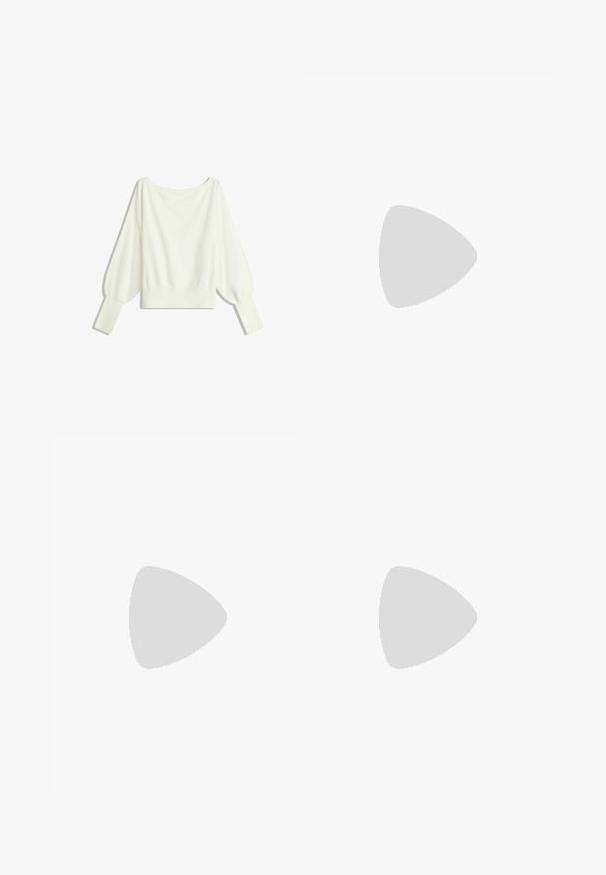 Witte cropped trui met lange pofmouwen, geribde manchetten en een brede halslijn, gemaakt van zacht, lichtgewicht materiaal.; Zwarte denim broek met wijde pijpen en een hoge taille, voorzien van voor- en achterzakken, gestikte naden en een knoopsluiting. Gladde textuur.; Bershka Sandalen met hoge hak - black; Heldere acetaat kattenoorbril met gele getinte lenzen, gedragen door een persoon in een donkere leren jas en een rode coltrui. Gladde textuur.; Bershka WITH CHAIN - Handtas - black