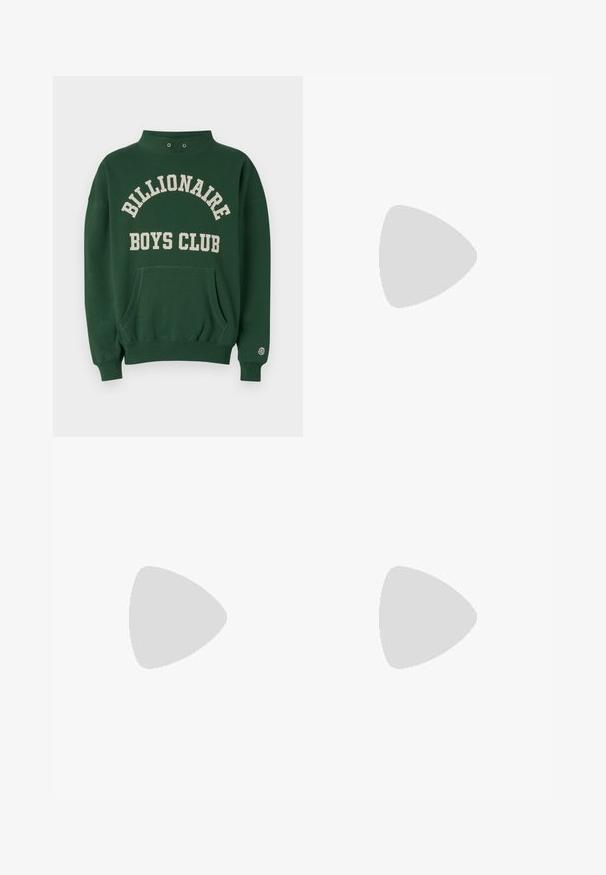 Green sweatshirt with high neckline, front pocket, and "BILLIONAIRE BOYS CLUB" printed in cream. Includes logo patch on left sleeve.; Black trousers made of a smooth fabric, featuring a fold at the front, a button closure, and rolled cuffs at the ankle.; Black suede sneaker with a white rubber sole, featuring tonal stitching and lace-up design. Smooth texture with a modern, streamlined shape.; Black textured leather crossbody bag with a flap closure, silver hardware, and an adjustable strap. Minimalist design with clean lines.