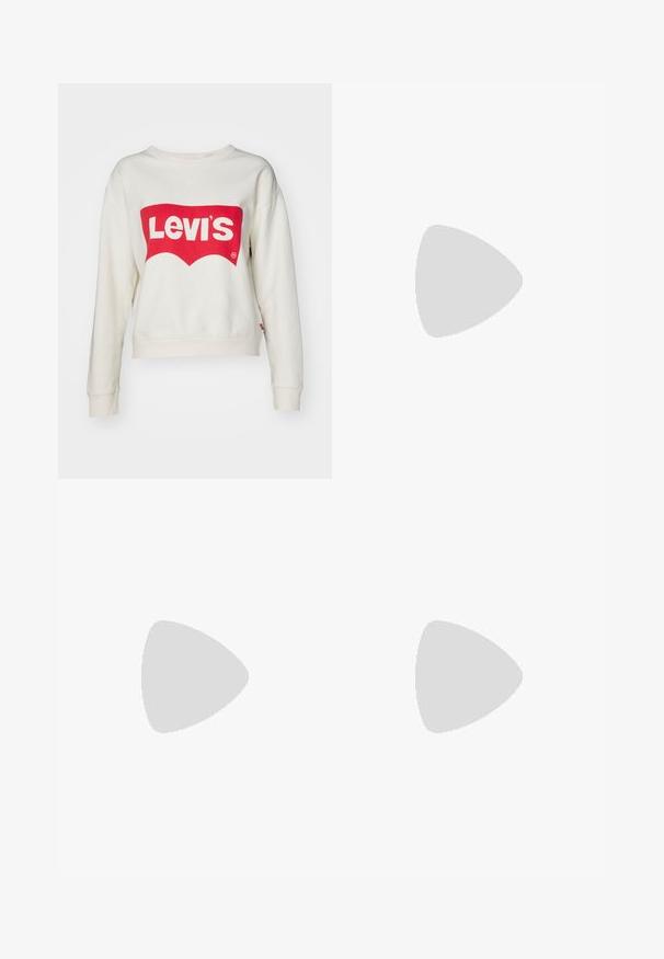 Levi's® GRAPHIC SIGNATURE CREW - Melegítőfelső - cloud dancer; Fekete, széles szárú farmernadrág, kontrasztos fehér varrással és elülső gombos záródással, két ferde elülső zsebbel.; Fekete velúr sportcipő fehér részletekkel és három csíkkal, texturált fehér sarokkal, gumitalppal és "Gazelle" felirattal.; Ez egy ezüst lánc nyaklánc, sima, kerek, lapos láncszemekkel. Csillogó felülettel rendelkezik és hozzávetőlegesen 20 hüvelyk hosszú.
