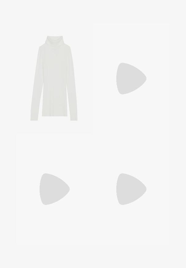Maglione bianco a collo alto a coste con maniche lunghe, texture morbida e un alto colletto arrotolato, caratterizzato da un design attillato e senza chiusure visibili.; Bershka WIDE-LEG TAILORED - Pantaloni - white; Pumps slingback in vernice nera con punta affilata, lati sagomati, cinturino alla caviglia regolabile e tacco sottile e slanciato.; Occhiali da sole a forma di gatto con montatura in plastica nera opaca, lenti scure e un'accensione con logo dorato sulla stanghetta. Design angolare e superficie liscia.; Wristlet Michael Kors in tela rivestita beige con motivo a logo MK ripetuto, hardware dorato e tracolla a catena staccabile.