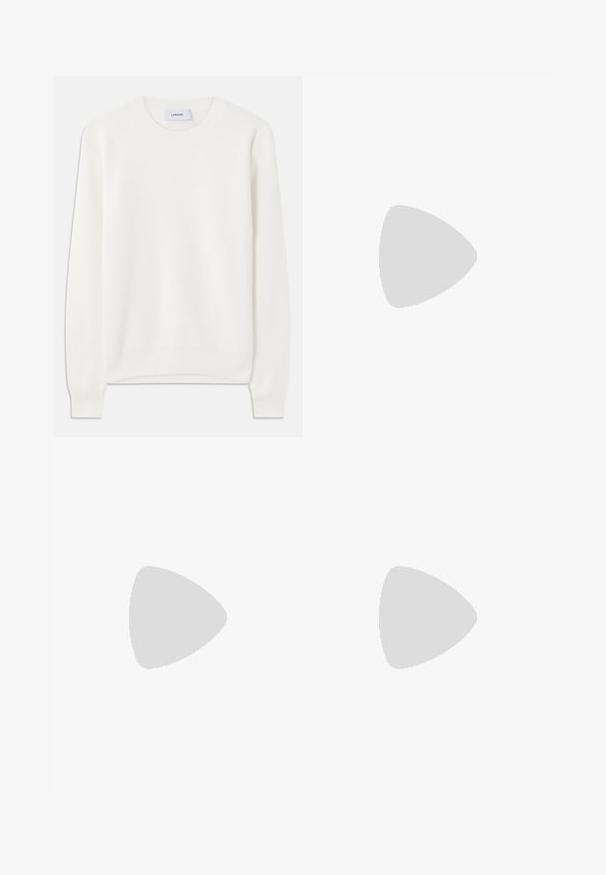White ribbed sweater with a round neckline and long sleeves; features a soft texture and a subtle, even pattern across the fabric.; Navy blue trousers in a straight cut, featuring a textured fabric, two front pleats, belt loops, and a zip fly closure.; Black leather loafer with a rounded toe, subtle stitched detailing, and a low heel, featuring a smooth texture and minimalist design.; Black leather clutch with textured surface, front zip pocket, and detachable wrist strap. Features a logo patch on the front. Rectangular shape.