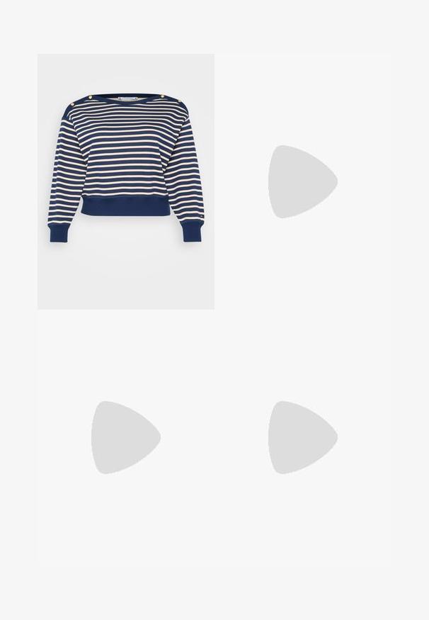 Sweatshirt court rayé bleu marine et crème avec des accents de boutons dorés sur l'épaule, des poignets et un ourlet côtelés. Fabriqué en tissu doux.; Robe vert olive à décolleté en V, manches bouffantes et fermeture à boutons, dotée de coutures verticales et de boutons en métal.; Jupe plissée noire avec un ourlet asymétrique, associée à des ballerines rouges brillantes avec un design à bandoulière. Le tissu a une texture lisse.; Lunettes de soleil carrées teintées en rouge avec des verres marron. Fabriquées en plastique translucide. Présentent un design angulaire prononcé et un branding subtil sur la branche.; Collier en chaîne en métal argenté avec des perles blanches alternées, présentant un fermoir sécurisé et une finition lisse et polie.