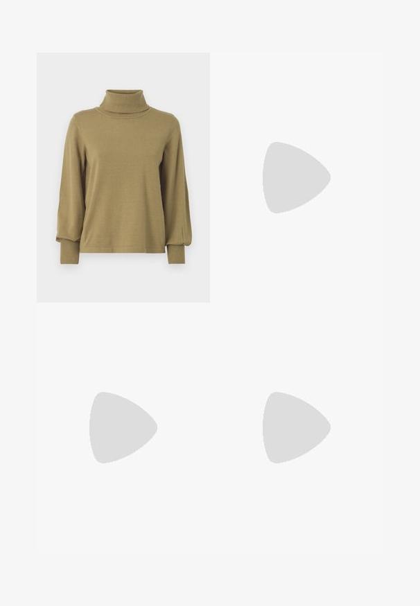 VILA VIAMANDA TURTLE NECK  - Pulóver - gothic olive; Beige bordás nadrág laza fazonnal, állítható derekkal, két elülső zsebbel és függőleges bordázott textúrával.; Világosszürke sportcipő velúr és hálós anyagból, három fehér csíkkal, kerek orral és gumi talppal. Arany logó dísz a fűzők közelében.; Zöld ujjatlan felső csipke részletekkel a vállnál és a nyaknál, testhez simuló fazonnal és puha anyaggal. Világos színű nadrággal párosítva.