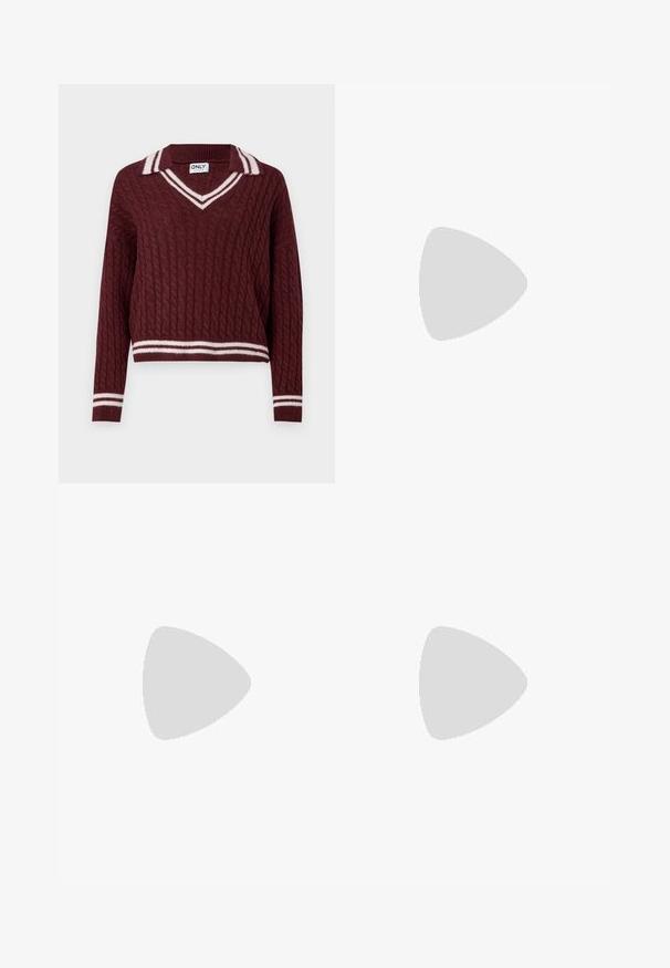 Maglione lavorato a maglia bordeaux con scollo a V e colletto a righe bianche. Presenta motivo a trecce e orlo e polsini a coste. Design di lunghezza croppata.; Noisy May NMJANNEL LOOSE - Jeans baggy - black denim; Mocassini platform neri in pelle con punta arrotondata e fascia larga sulla tomaia. Presentano un tacco spesso e quadrato e una texture liscia.; Orecchini a cerchio in argento con un design minimalista. Forma circolare, superficie liscia e profilo sottile. Leggeri con una finitura lucida.