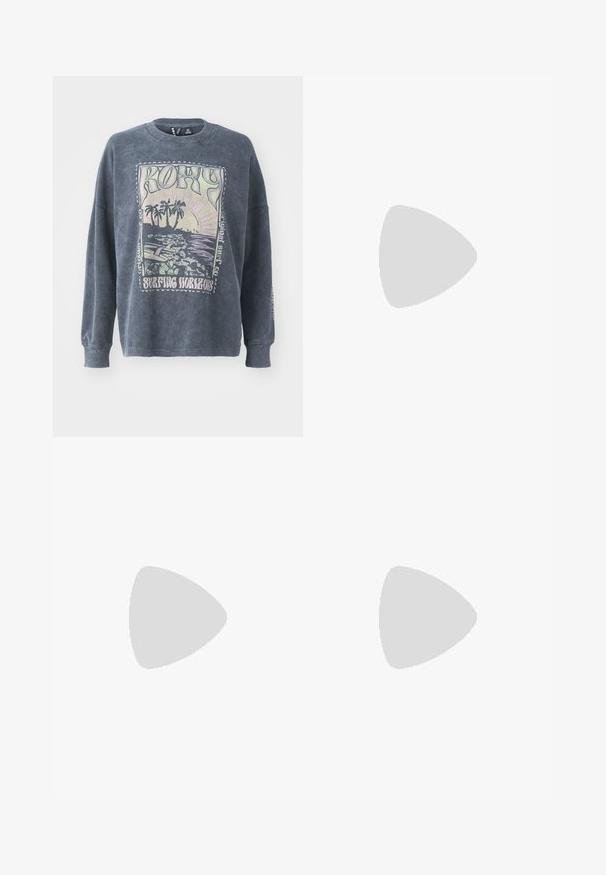 Dark blue sweatshirt with a crew neck, long sleeves, and a graphic print depicting a beach scene, palm trees, and the text "Surfing Horizons."; Blue denim pants featuring a patchwork design with varying shades of blue, a drawstring waist, and loose, straight-cut legs.; White sneakers with black stripes and beige suede accents. Feature a textured gum sole and flat white laces, worn with light-colored socks.; Black square crossbody bag made of textured synthetic material. Features an embossed logo design and adjustable strap. Zipper closure.