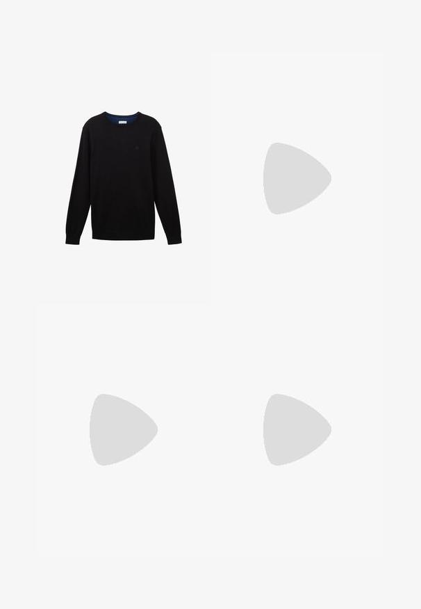 TOM TAILOR CREW NECK  - Jumper - black; Beige straight-leg pants made of lightweight fabric with a button closure, featuring front pockets and clean stitching.; Black leather loafers with a rounded toe, decorative stitching, and a low heel. Smooth texture with subtle shine. Classic design without embellishments.; Black sunglasses with rectangular frames, gray tinted lenses, and a bridge cutout design. Sleek, glossy plastic material, with narrow temples.