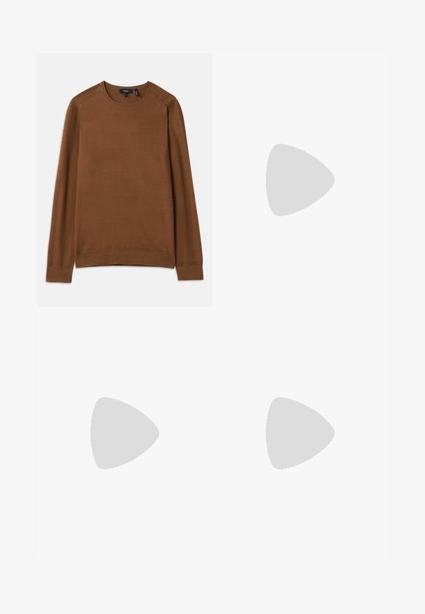 Brown knit sweater with a crew neck, long raglan sleeves, and textured pattern. Features ribbed cuffs and hem for a fitted look.; Dark blue straight-leg denim jeans with front button, zip fly, double front pockets, and visible vertical creases down the legs.; Black leather loafers with a smooth texture, rounded toe, and a decorative strap across the vamp. Low stacked heel, minimalist design.; Black leather crossbody bag with a flap closure, silver-tone hardware, and two round accents. Features a detachable strap. Smooth texture.