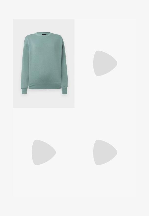 Mintgrön sweatshirt i mjukt material, med rundad halsringning, långa ärmar med ribbad mudd och en avslappnad passform.; Svarta byxor med vida ben i tracksuit-stil med elastisk midja, prydda med vita sidostråk och en liten logotyp på vänster höft. Slät tygtextur.; Svarta och vita Nike låga sneakers har en slät läderöverdel, rund tå, snörning och en mönstrad gummisula.; Svarta rektangulära solglasögon med mörka linser, glänsande yta, breda skalmar och en gedigen ramdesign. Graverat märke på ena skalmen.