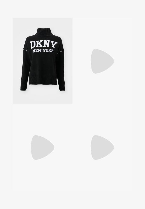 Svart strikket genser med høy ribbet krage og hvit "DKNY NEW YORK" logo. Har ribbede mansjetter og kant, avslappet passform.; Vide bukser i lys beige bomull. Har høy midje, frontlommer og rett passform. Renslig søm uten mønstre.; Sorte lærreim hæler med spiss tå, som har en slank hæl og en gullfarget detalj på den justerbare stroppen. Glatt tekstur.; Sølv hoop øredobber med en glatt overflate og en rad med små klare steiner langs bunnen, med en post-back lukking.