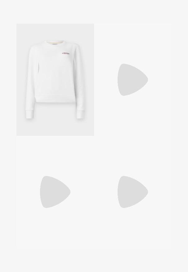 Vit sweatshirt med ribbade muddar och nederkant, har en liten broderad "GUESS JEANS"-logotyp i röd och blå färg på framsidan. Enkelt design.; Fälld vit kjol med svart elastiskt midjeband som har "LACOSTE"-logotypen. Mittenlång design med mjuk textur.; Vita lädersneakers med en tjock vit sula, svartsuede hälaccent och präglad logotyp på sidan. Snörningsdesign med sex öglor.; Svart överdimensionerade solglasögon med geometrisk form, med mörka linser och en kontrasterande grå detalj på ramen. Logotyp på bygeln.