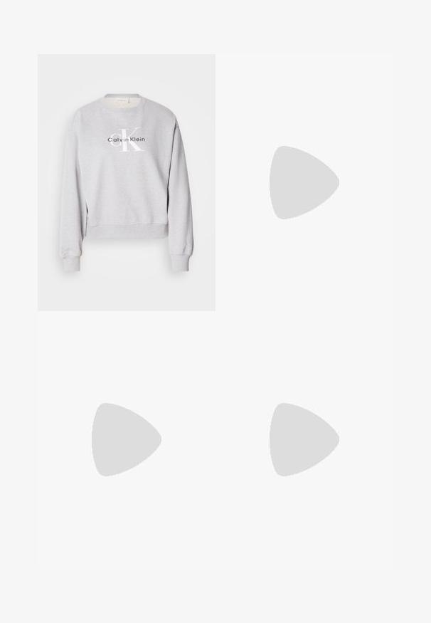 Gray sweatshirt with a crew neck, long sleeves, and ribbed cuffs. Features a printed logo: "Calvin Klein" and "cK" in black and white.; Black tailored trousers with a straight-leg design, featuring a smooth texture and crisp creases along the front. No visible hardware.; Beige block-heeled sandals with thin straps and a square toe. Smooth material with minimal detailing, designed for easy wear.; Black leather handbag with a structured design, featuring a cropped shape, top handle, and gold hardware accent. Adjustable shoulder strap included.
