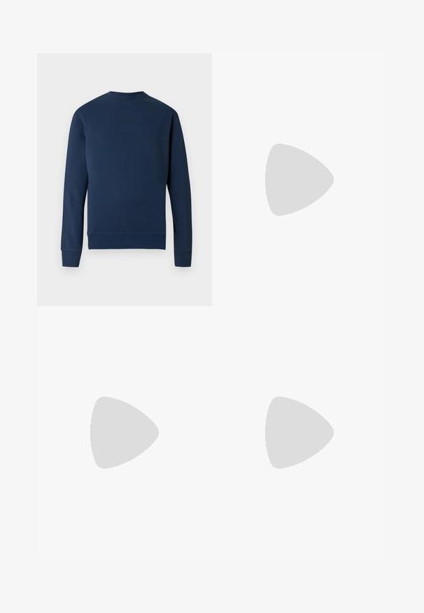 Navy blue sweatshirt with a round neck, ribbed cuffs, and hem. Features a subtle logo at the chest in a matching color. Smooth fabric texture.; Black long-sleeve t-shirt made of cotton, featuring a round neckline and a small green embroidered crocodile logo on the left chest.; Navy blue trousers made of smooth fabric, featuring a straight leg design, belt loops, and a button closure with a zip fly.; Lacoste sneakers in dark gray with mesh and synthetic material, featuring a textured sole and brown accents on the collar and branding.